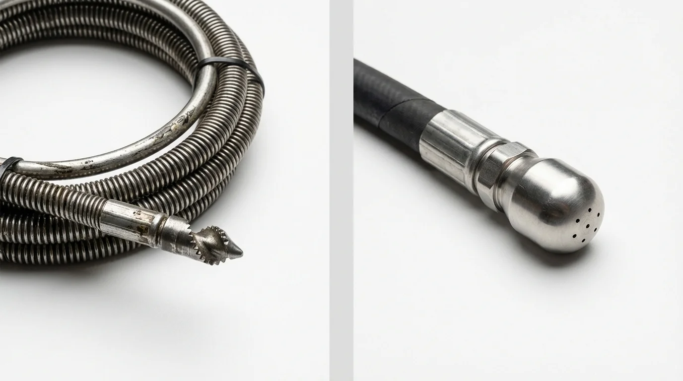 Drain snake cable and hydro jetting nozzle used for drain cleaning in Duncanville, TX