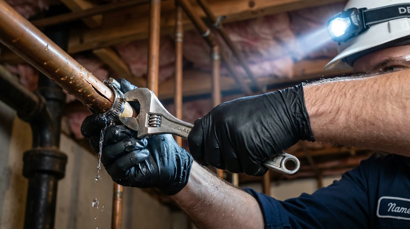 Emergency pipe clamp repair being performed by a Johns Plumbing LLC plumber in Duncanville