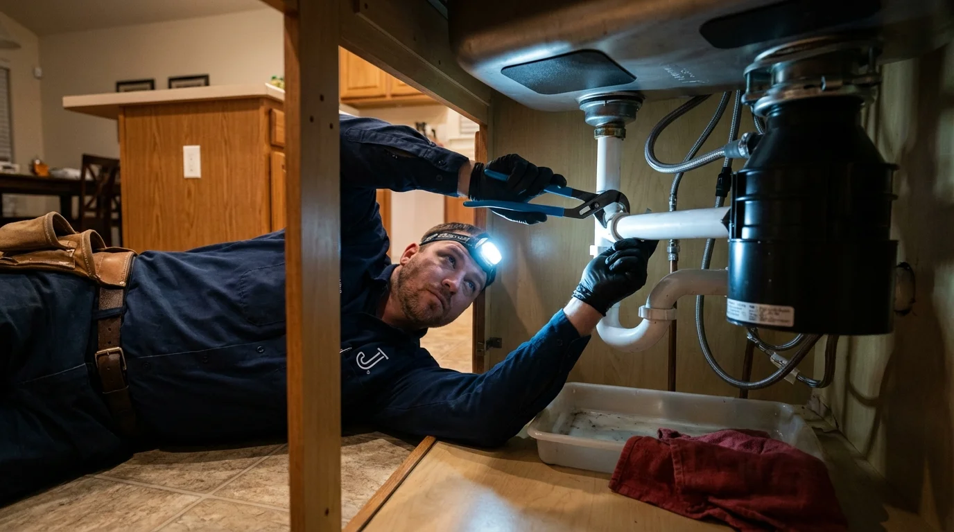 P-trap and supply line connections under a kitchen sink showing a common leak point in Duncanville, TX